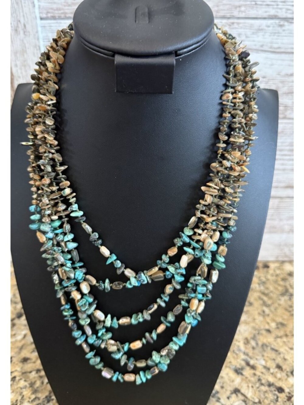 925 Sterling Silver Vintage 6-Strand  Turquoise Abalone Chip Necklace 9.25”-13”